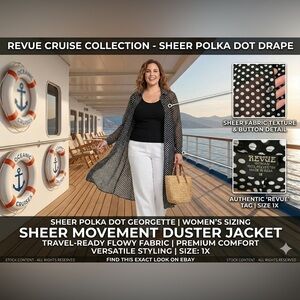 Revue long flowy kimono style duster black and white dots size 1X